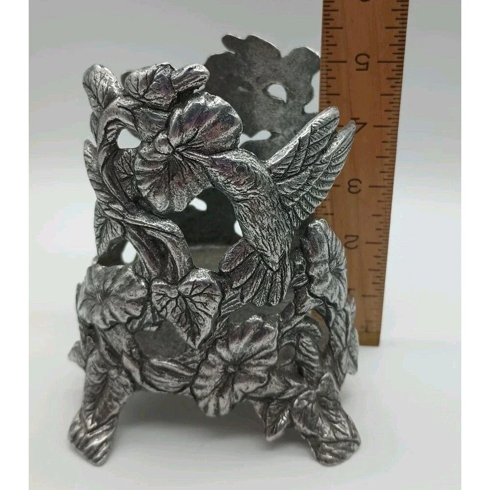 VTG 90s Carson Pewter Hummingbird Jar Candle Holder Yankee Candle Flowers 1996